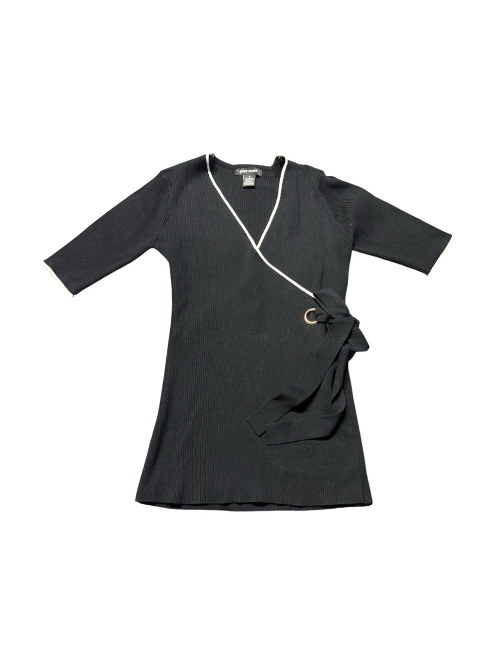 Select + Trend Ribbed Wrap Sweater Top Black Contrast Trim Tie Waist Women’s S